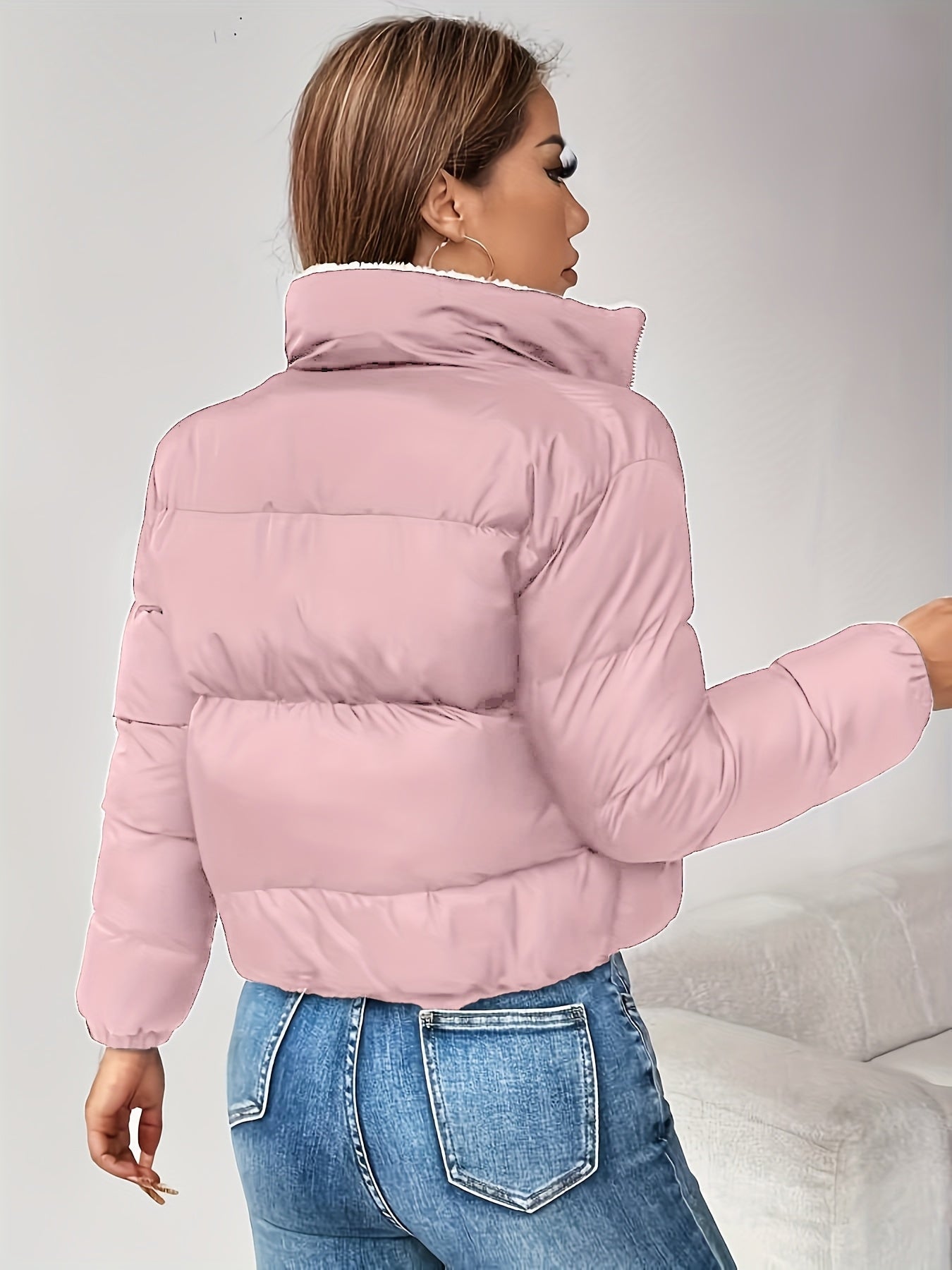 Women's Short Quilted Jacket with Teddy Lining and Zipper