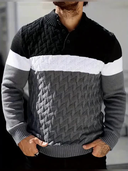 Herren Grobstrick Pullover mit Stehkragen & Knopfleiste, Farbblock-Design, Langarm