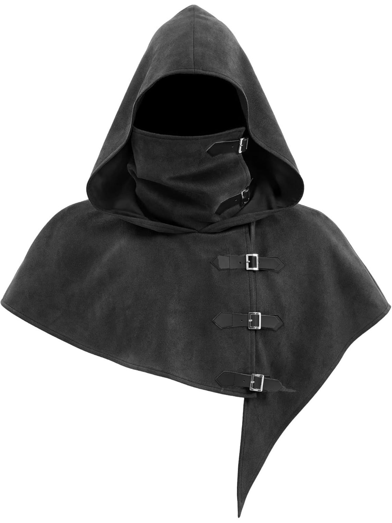 Hooded cape with buckles and neck protection