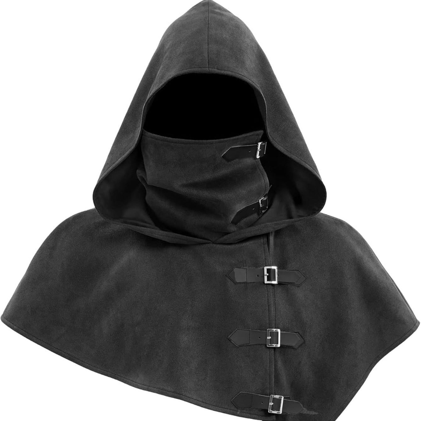 Hooded cape with buckles and neck protection