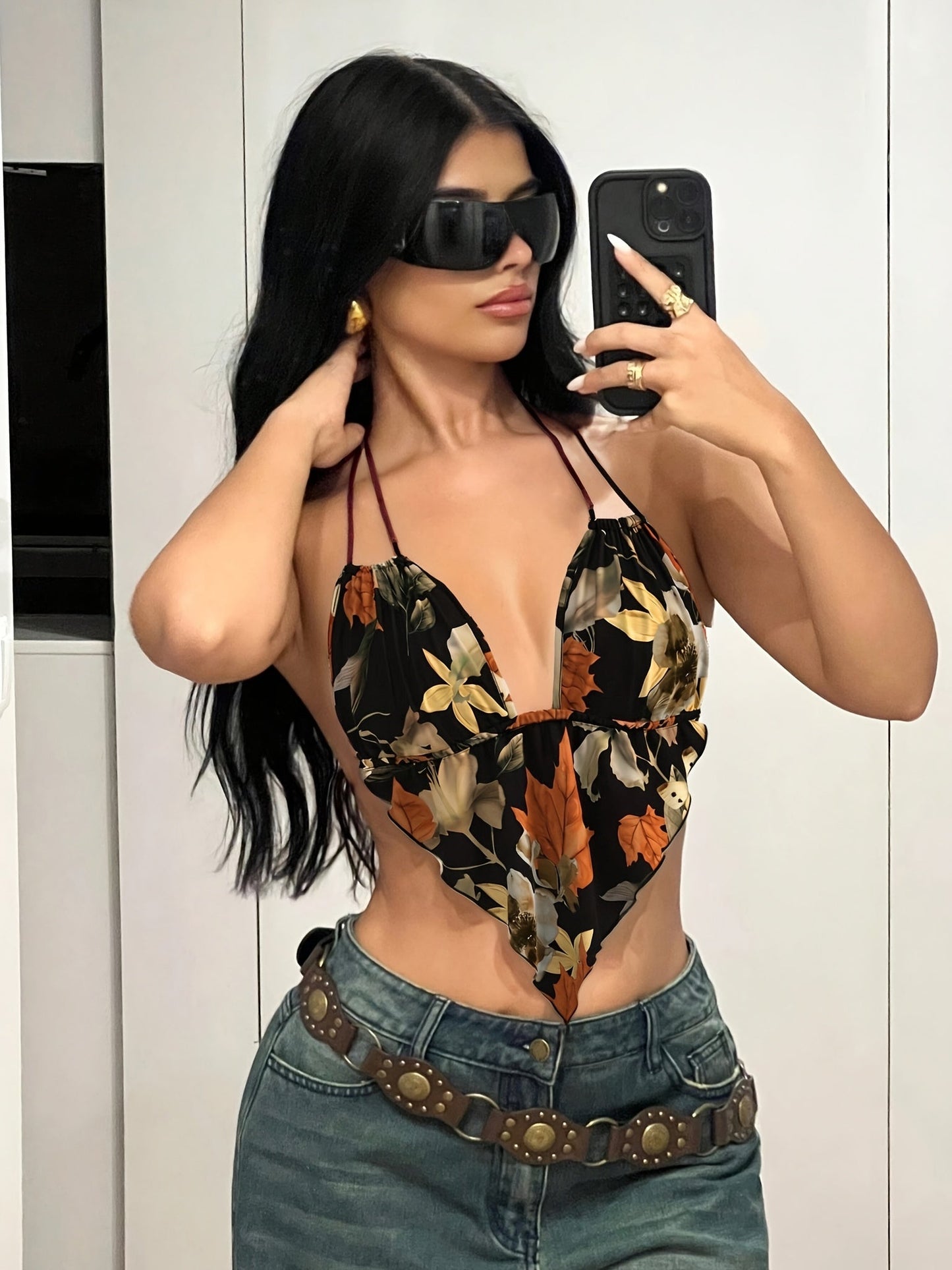 Women's bodysuit with retro print and deep neckline – Elegant one-piece for festival & leisure