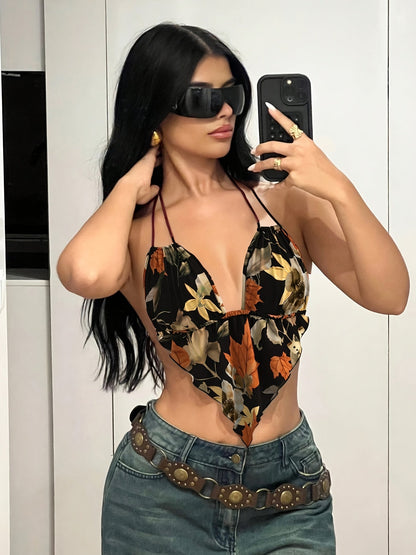 Women's bodysuit with retro print and deep neckline – Elegant one-piece for festival & leisure
