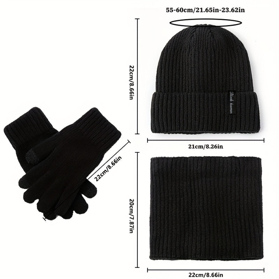 Rib-knit beanie, infinity scarf, and gloves set, black, winter, men’s and women’s