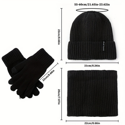 Rib-knit beanie, infinity scarf, and gloves set, black, winter, men’s and women’s