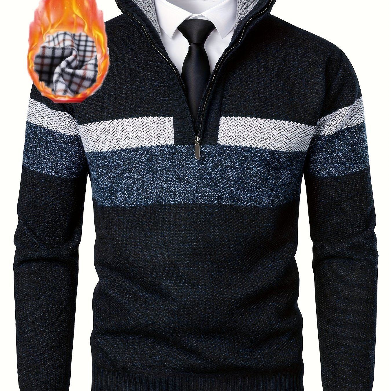 Men's knitted sweater with a stand-up collar and zipper, striped, softly lined inside