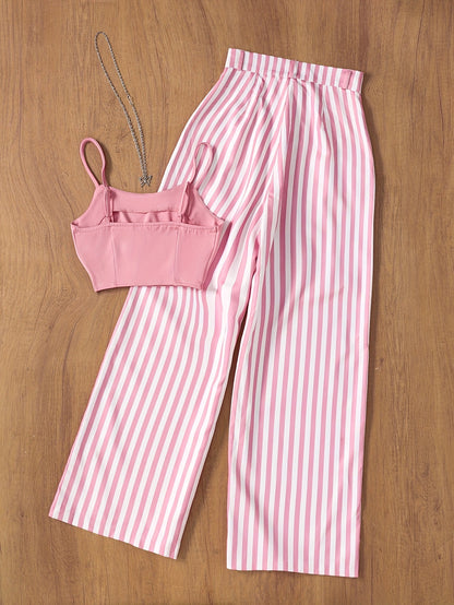 Women's Two-Piece Set – Fashionable Summer Look with Striped Pants and Bustier Top, Ideal for Garden Parties & Leisure