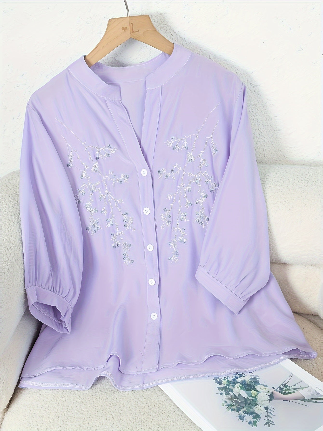 Women's Blouse Elegant Embroidered Summer Semi-Transparent with Stand-Up Collar – Casual & Office