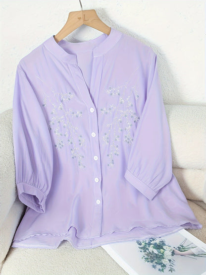 Women's Blouse Elegant Embroidered Summer Semi-Transparent with Stand-Up Collar – Casual & Office