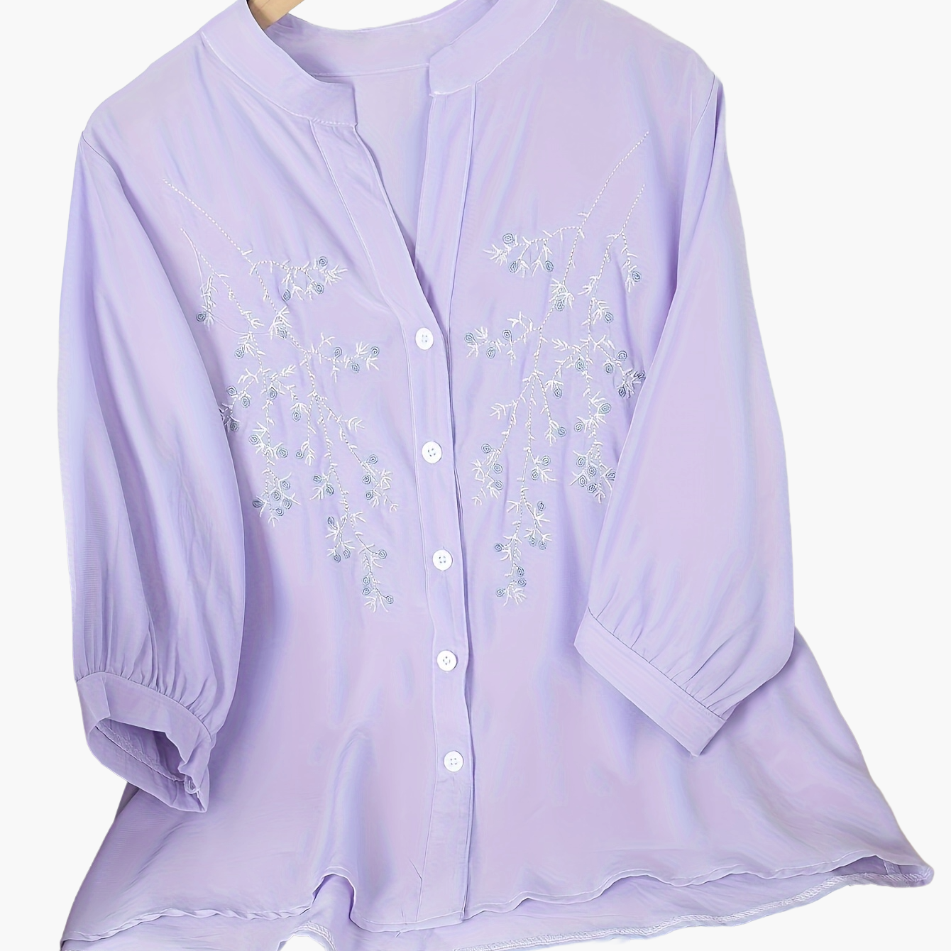 Women's Blouse Elegant Embroidered Summer Semi-Transparent with Stand-Up Collar – Casual & Office