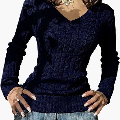 Women's knitted sweater with cable pattern and V-neck – fashionable casual sweater for everyday and office use