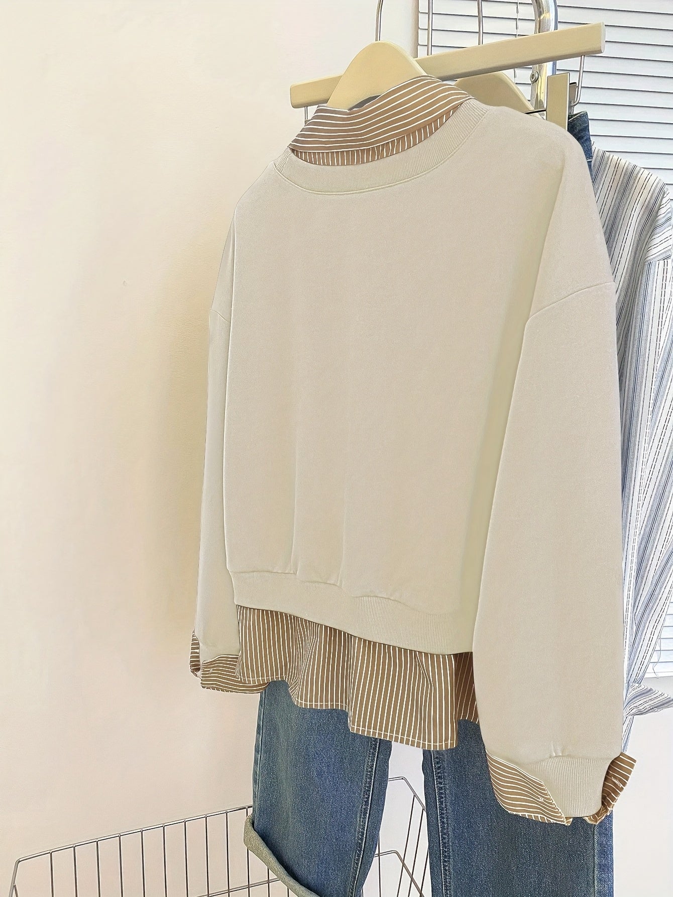 Damen Layering-Sweatshirt mit Hemdeinsatz, Baumwollmischung, Langarm