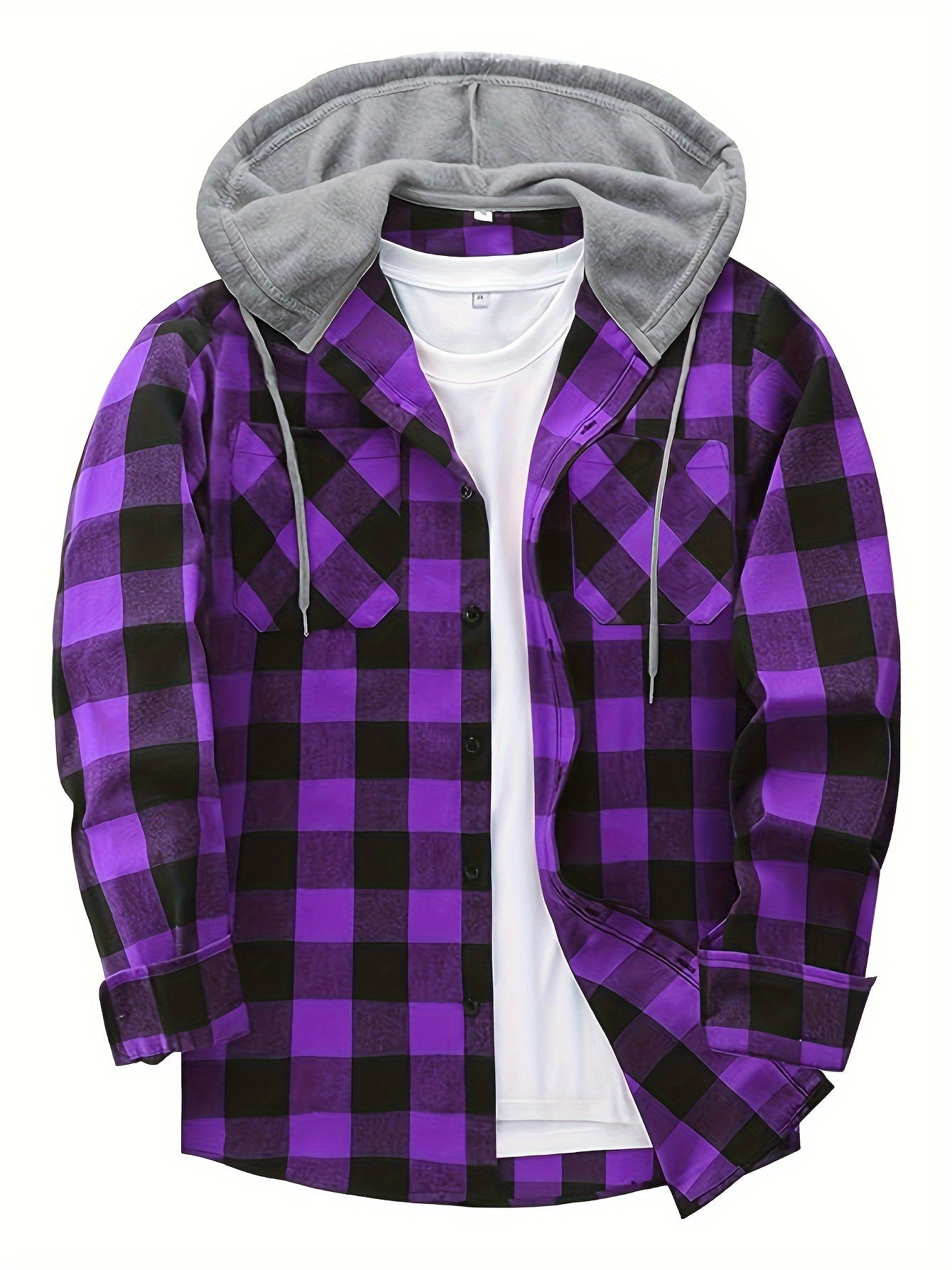Men’s plaid hooded shirt with button placket