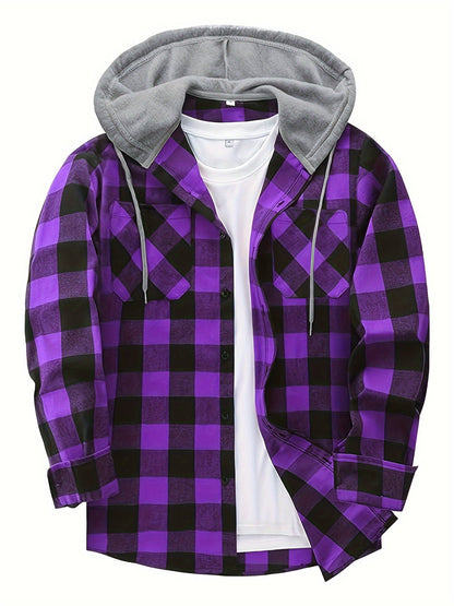 Men’s plaid hooded shirt with button placket