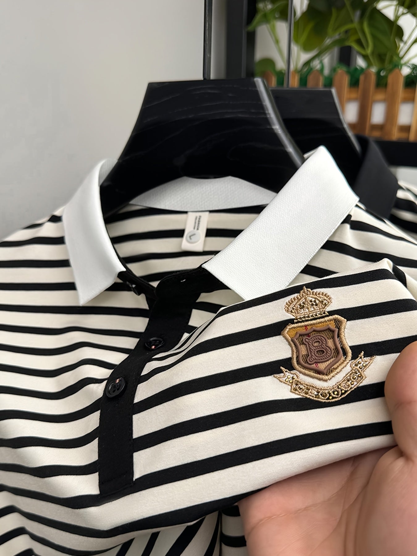 Men's Polo Shirt with Stripe Pattern and Chest Emblem – Classic, Short Sleeve, Smart-Casual for Leisure and Office