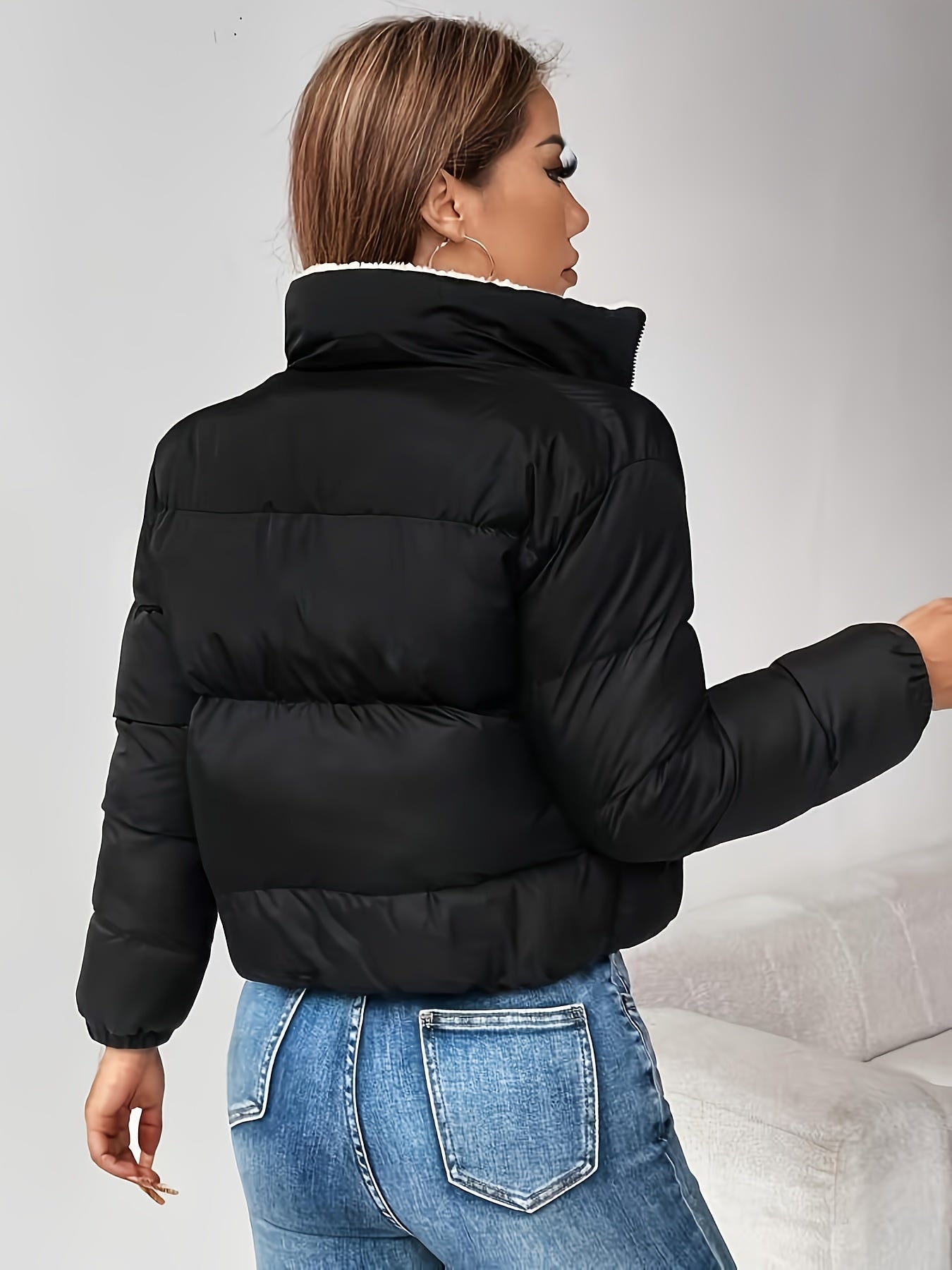 Women's Short Quilted Jacket with Teddy Lining and Zipper