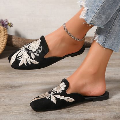 Women's Embroidered Slip-On Sandals – Fashionable Casual Shoes with Floral Pattern