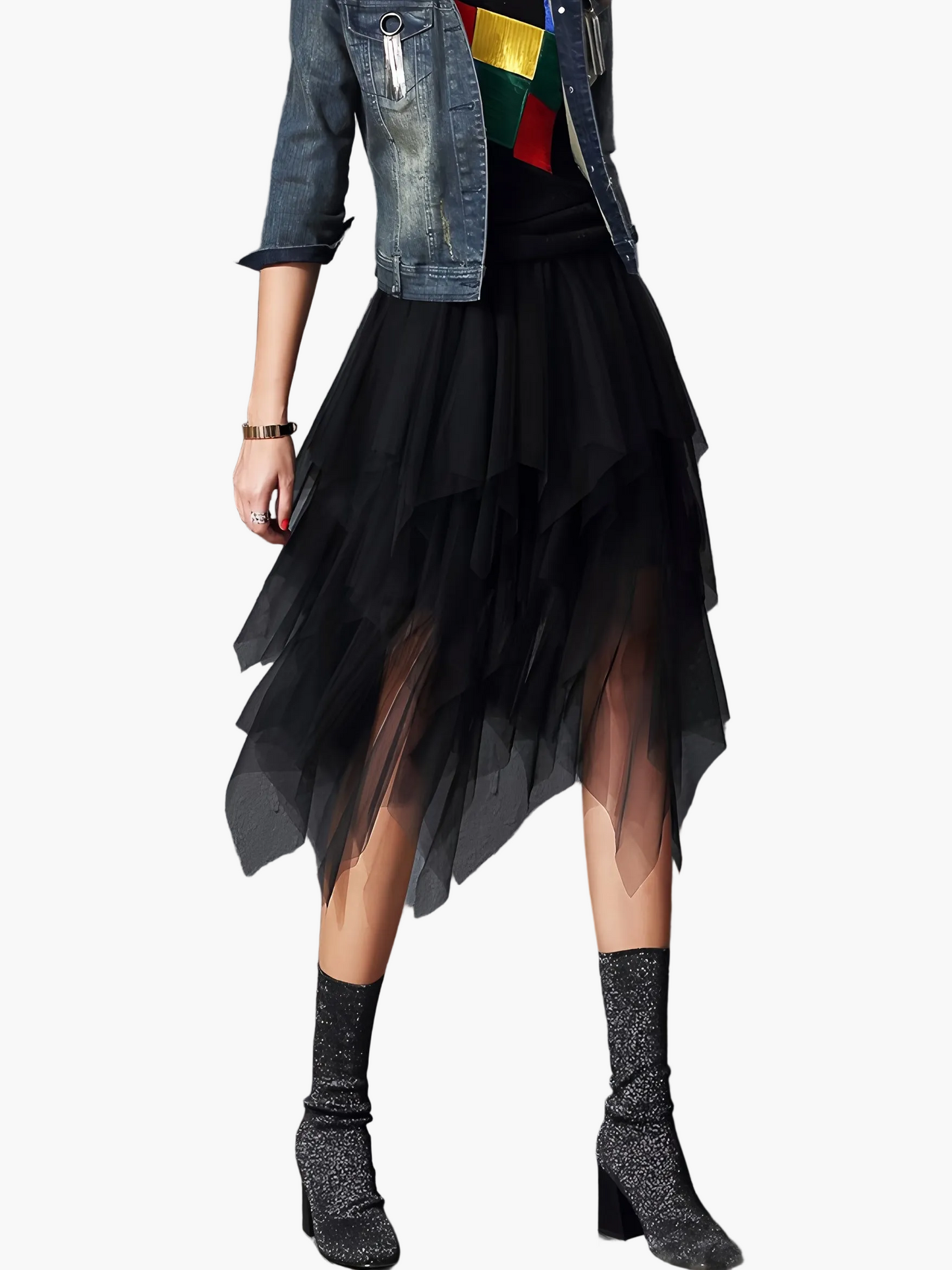 Women's Asymmetrical Tulle Skirt with Layered Look – Elegant Party and Street Style