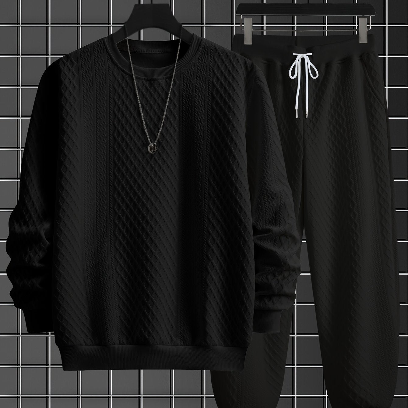 Men's two-piece tracksuit with diamond pattern, long-sleeve shirt, and jogger pants