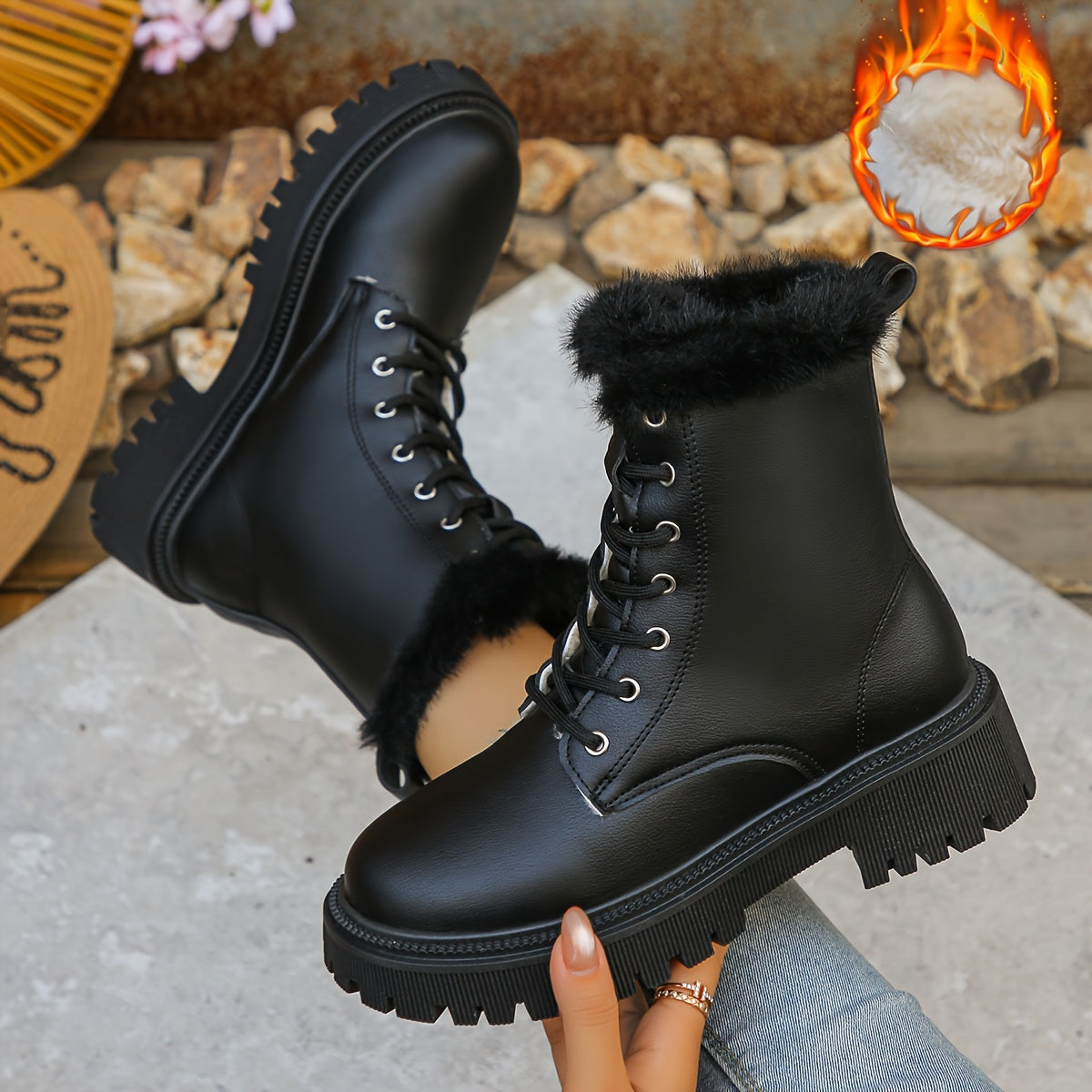 Women's worker boots with faux-fur lining, lacing, and lug soles
