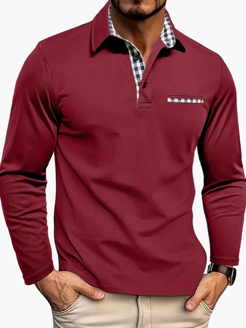 Men's long-sleeve polo shirt with check details – elegant casual look for any occasion