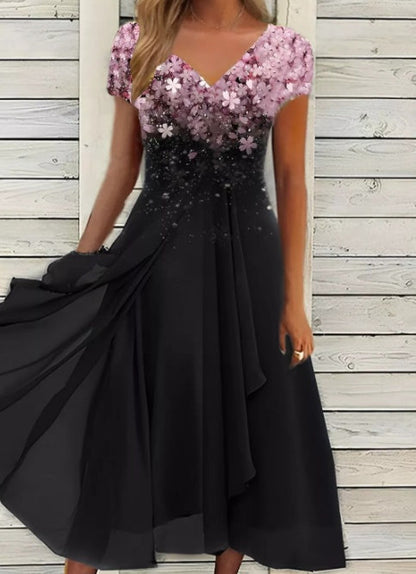 Damen Elegantes Chiffon Midikleid mit Blumenmuster und A-Linie für besondere Anlässe