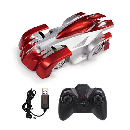 Remote-controlled wall and floor vehicle for children and adults – stunt car with LED light and 360° rotation