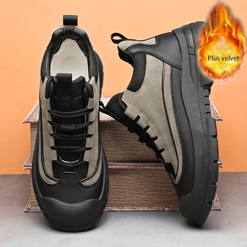 Men's sneakers, mid-top shaft, black and khaki, sturdy sole, lace-up closure