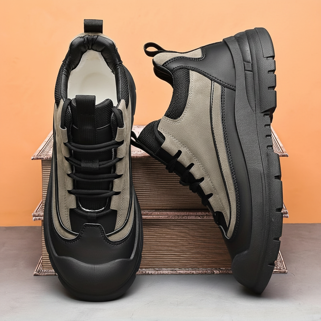 Men's sneakers, mid-top shaft, black and khaki, sturdy sole, lace-up closure