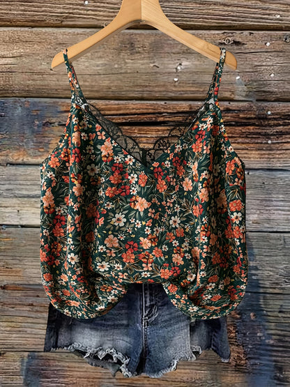 Women's summer top with floral pattern and lace trim, casual spaghetti strap tank top