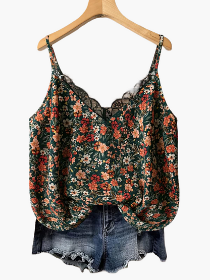 Women's summer top with floral pattern and lace trim, casual spaghetti strap tank top