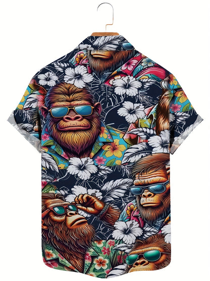 Herren Hawaiihemd mit Affen- und Blumenmuster – Lustiges Sommerhemd, Kurzarm, Freizeit