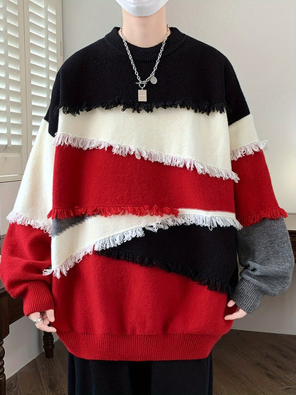 Unisex long-sleeve pullover with color-block design, fringe, and crew neck