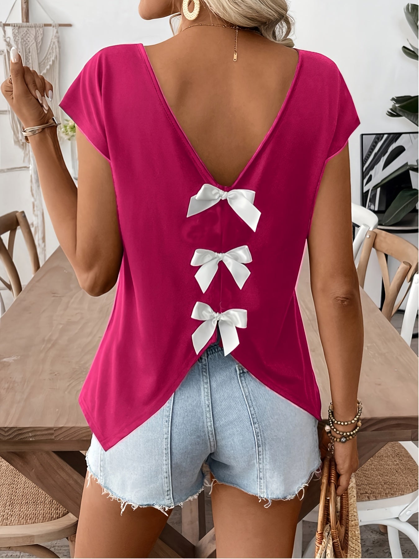 Women's Shirt with Back Cutout and Bows – Fashionable Casual Top for Spring & Summer