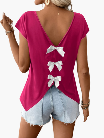 Women's Shirt with Back Cutout and Bows – Fashionable Casual Top for Spring & Summer
