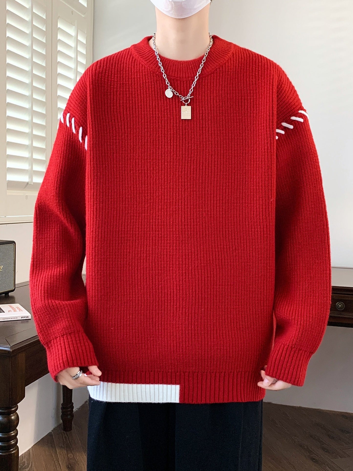 Unisex knitted sweater, crew neck, long sleeves, with contrasting details