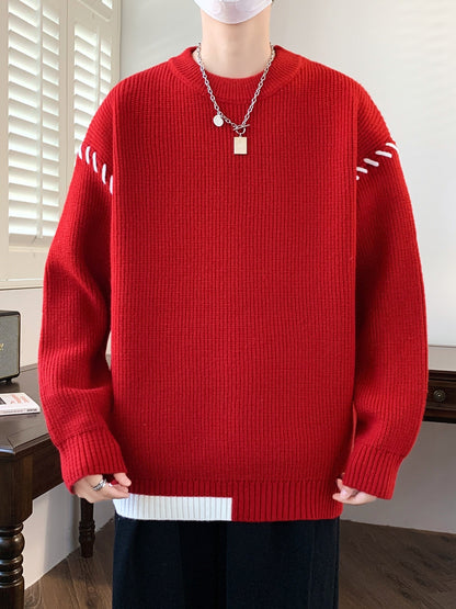 Unisex knitted sweater, crew neck, long sleeves, with contrasting details