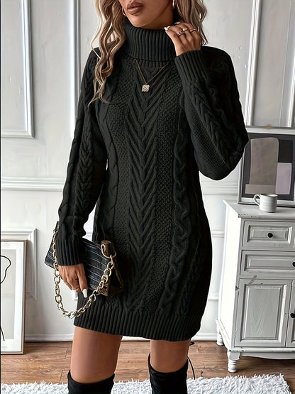 Strickkleid Damen Rollkragen Zopfmuster Langarm