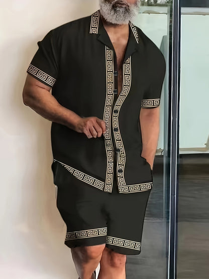 Men's Summer Short-Sleeve Casual Set with Geometric Pattern – Stylish Button-Up Shirt and Shorts, Ideal for Relaxed Occasions