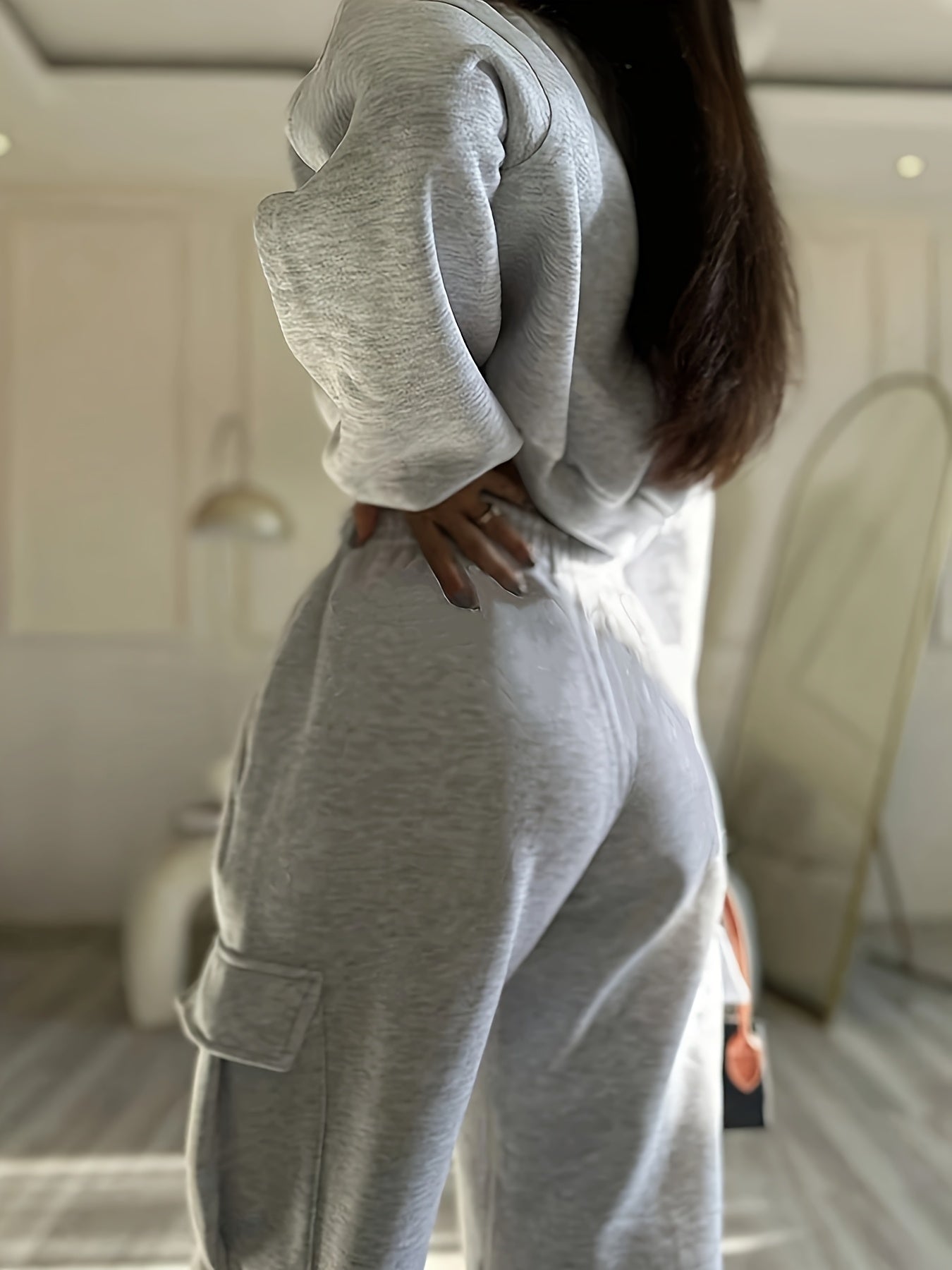 Damen Loungewear Set Grau Oversize Hoodie Cropped Jogginghose Cargotaschen