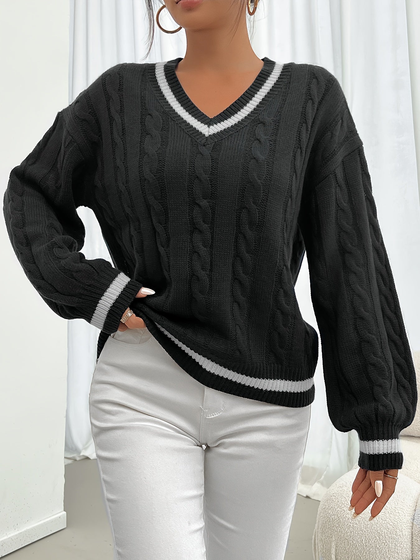 Damen Zopfstrick Pullover V-Ausschnitt Gestreifte Ärmel