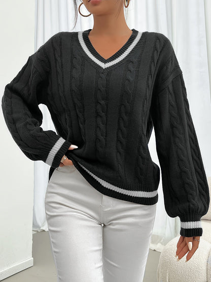 Damen Zopfstrick Pullover V-Ausschnitt Gestreifte Ärmel
