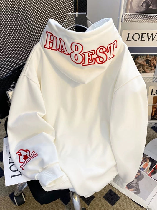 White hooded sweatshirt with red embroidery