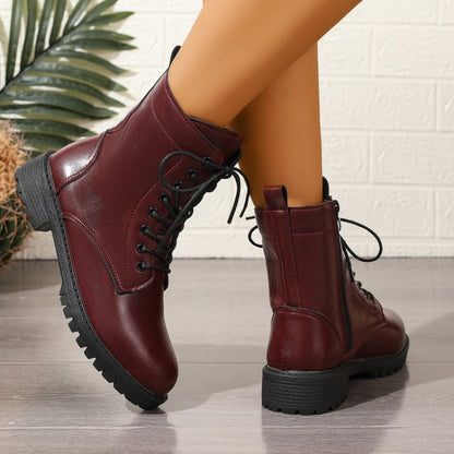 Women’s dark red worker boots with laces and a zipper