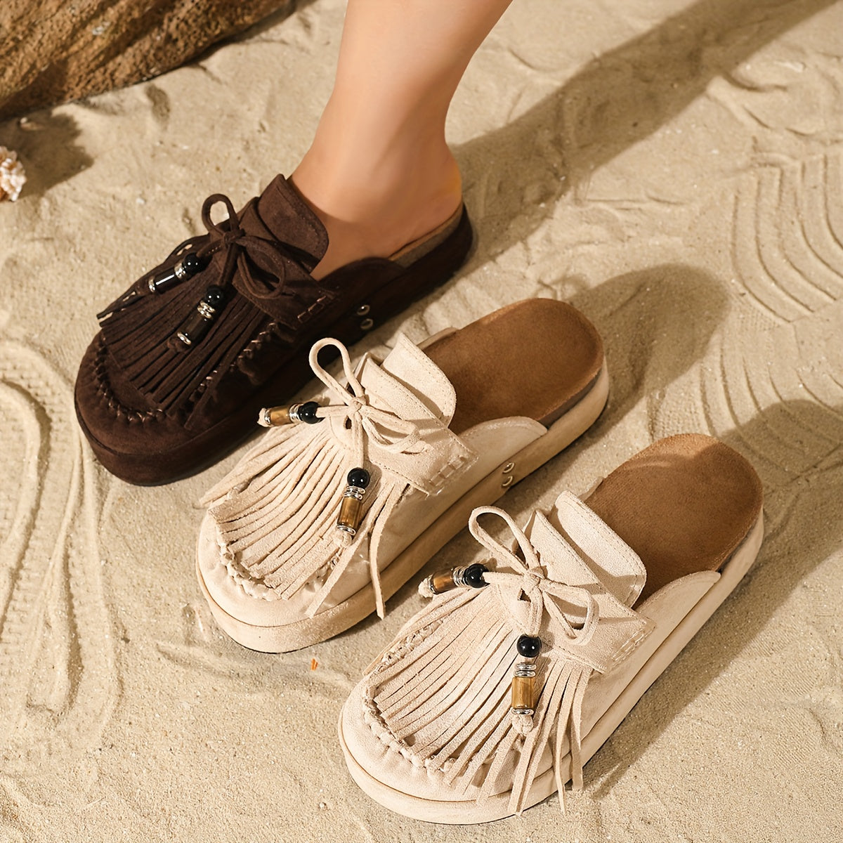 Women's Vintage Moccasin Sandals with Fringe and Beads for Summer