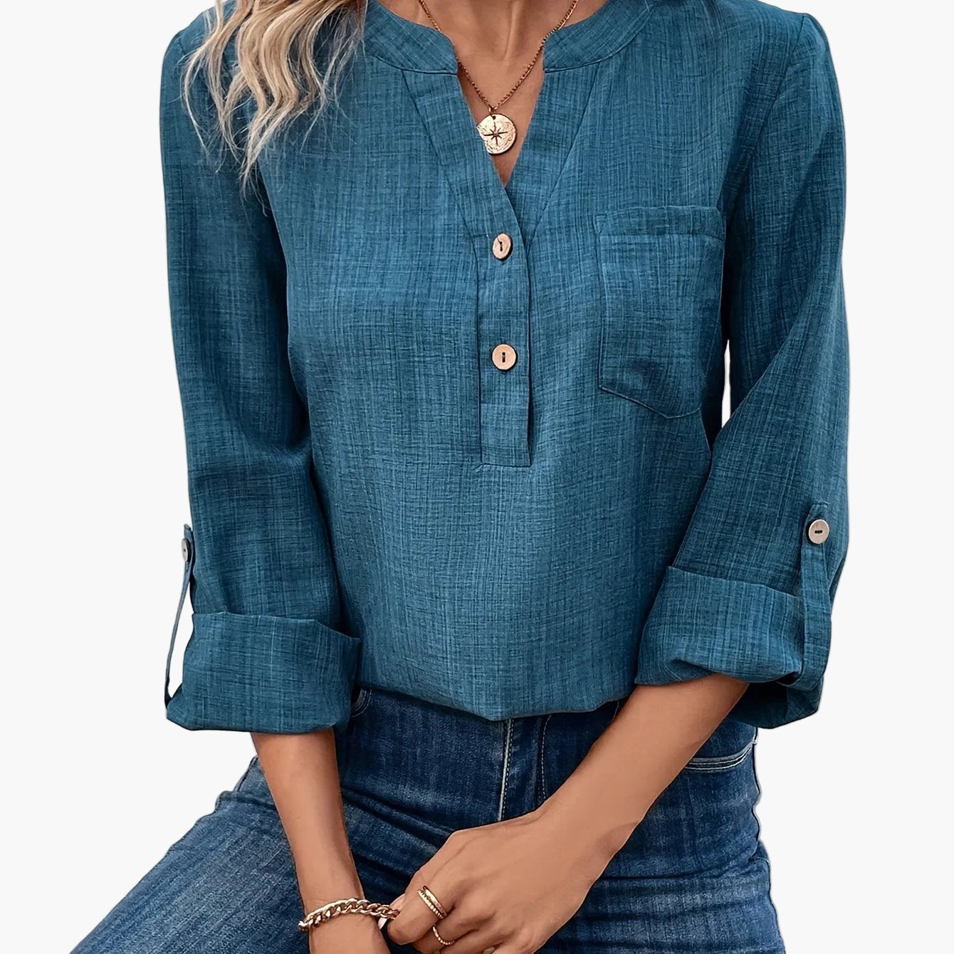 Women's Casual-Style Blouse with V-Neck and Button Placket – Elegant Casual Wear for Everyday and Office