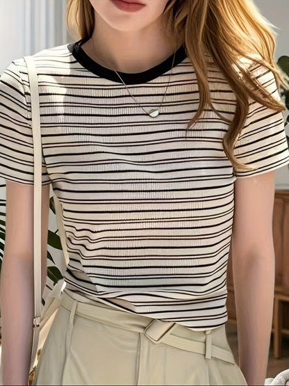 Women's Elegant Striped T-Shirt with Crew Neck – Perfect for Everyday and Office Wear