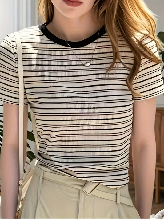 Women's Elegant Striped T-Shirt with Crew Neck – Perfect for Everyday and Office Wear