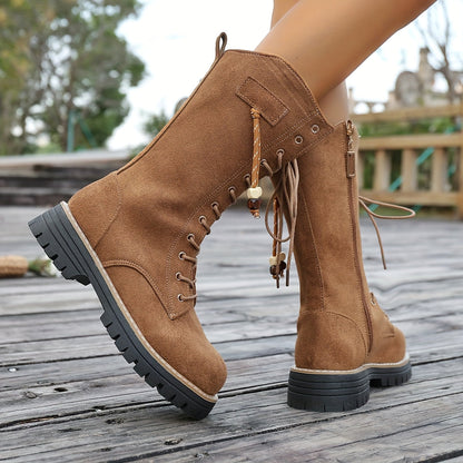 Damen Schnürstiefel Stiefeletten Hellbraun Mittelhoch Profillaufsohle