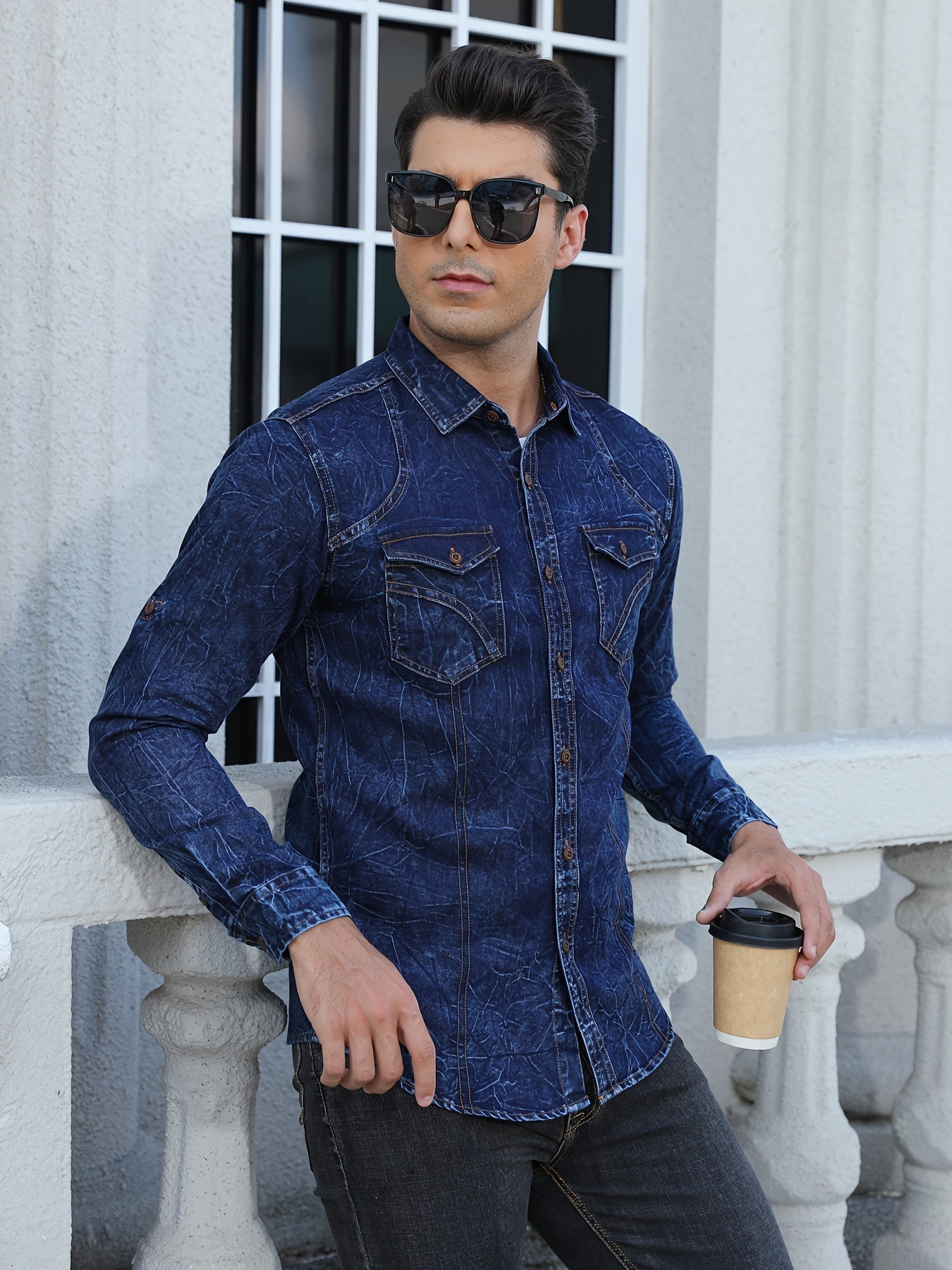 Men's long-sleeve dark blue denim shirt with chest pockets in a worn look