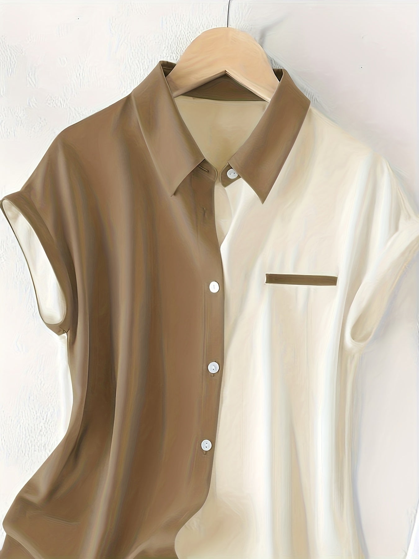 Women's Elegant Colorblock Blouse with Flutter Sleeves and Button Placket – Summer Business Casual